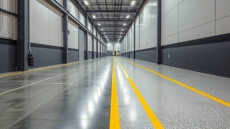 Before and after image of an industrial warehouse aisle with painted and quartz epoxy floors.