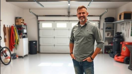 Smiling Denver homeowner showcasing a clean garage with a bright epoxy floor.