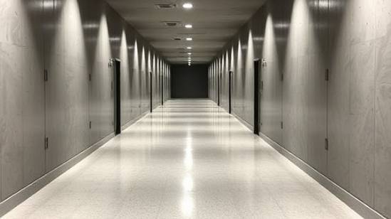Diamond-ground concrete corridor in Grindfinity Denver before polishing