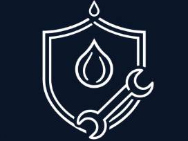 Line art icon concept featuring a shield, oil droplet, and wrench.