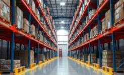 Quartz epoxy floor covering in a spacious warehouse aisle