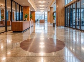 Photo realistic polished concrete floors enhancing modern commercial spaces.