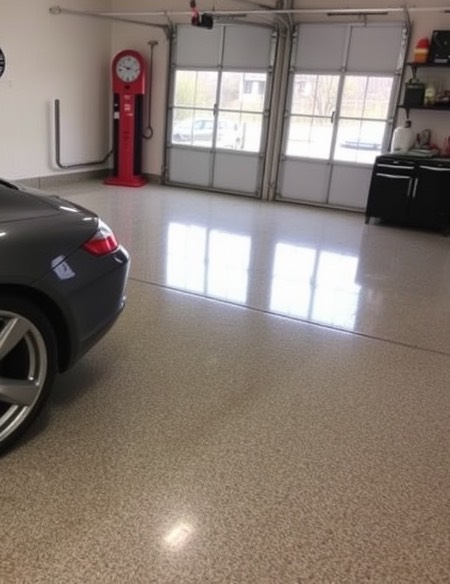 Photo realistic image addressing top questions about garage concrete polishing.