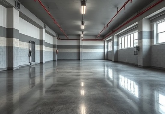 industrial garage flooring, smooth and polished, highlighting the contrast with the refurbished interior, photorealistic, stained concrete with a glossy finish, highly detailed, reflections from overhead lights, steel grey tones, consistent ceiling lighting, shot with a 28mm lens.