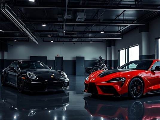 luxury garage design, premium and elegant, reflecting high-end automotive aesthetics, photorealistic, sleek black and chrome finishes, highly detailed, spotless surfaces and exclusive car models, deep blacks and reds, low-key lighting, shot with a 35mm lens.