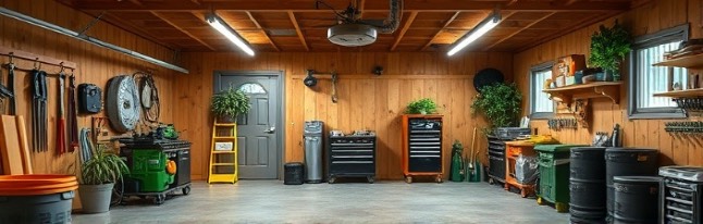 eco-friendly garage renovation, sustainable and green, featuring environmentally friendly materials, photorealistic, recycled wood paneling and LED lighting, highly detailed, energy-efficient tools and insulation, earth tones and greens, natural daylight illumination, shot with a 24mm lens.
